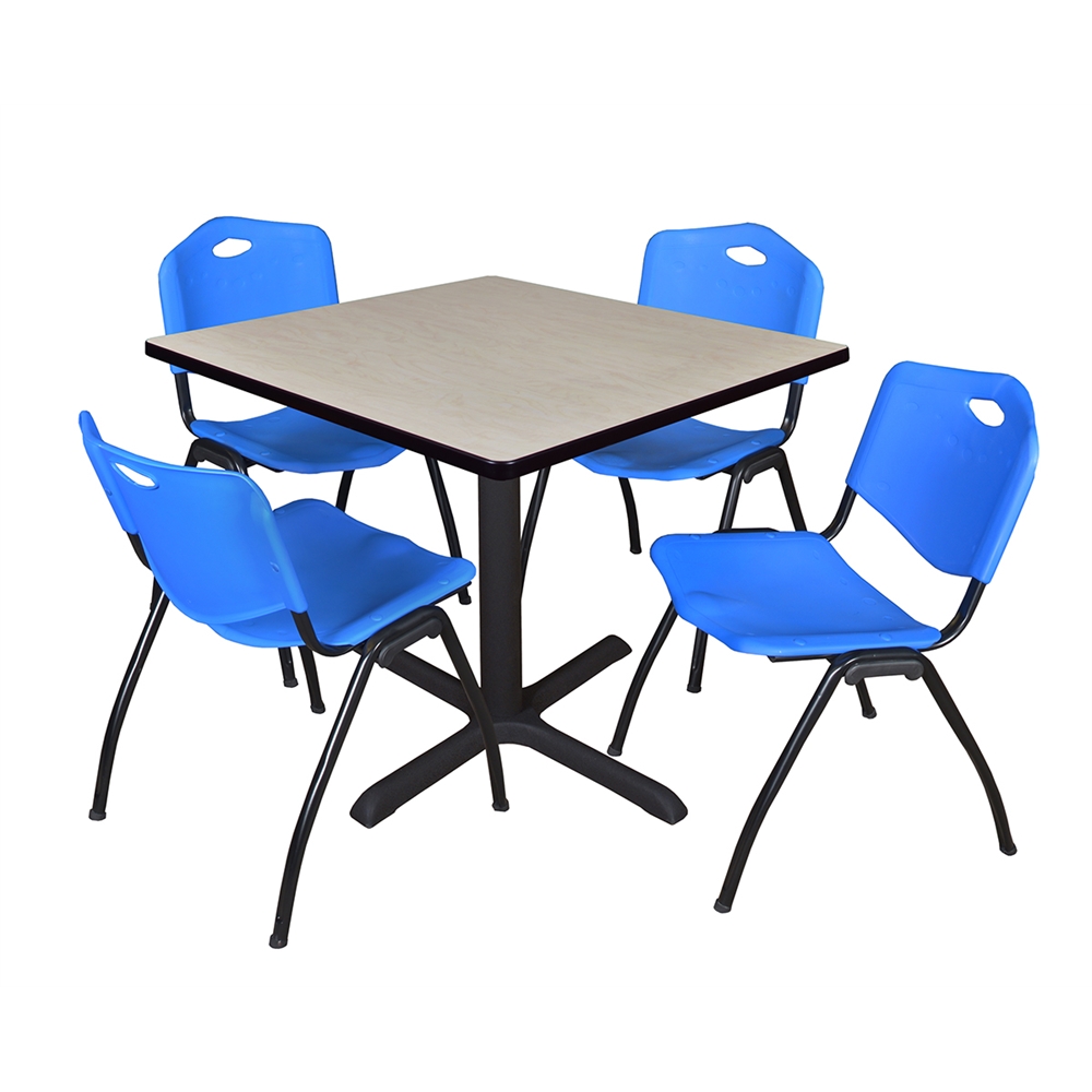 Cain 36" Square Breakroom Table- Maple & 4 'M' Stack Chairs- Blue. Picture 1