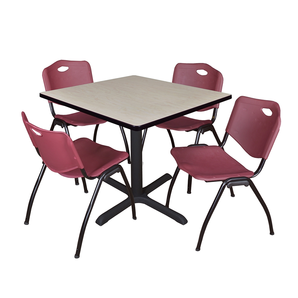 Cain 36" Square Breakroom Table- Maple & 4 'M' Stack Chairs- Burgundy. Picture 1