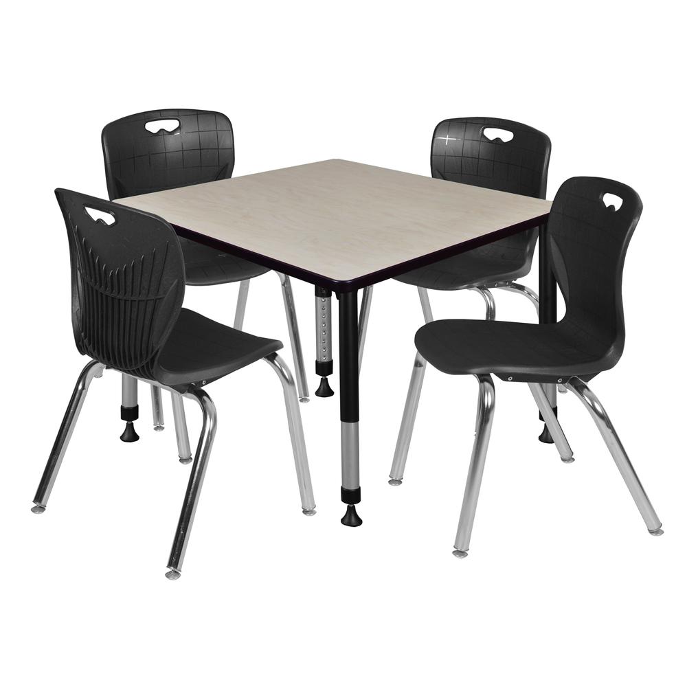 Kee 36" Square Height Adjustable Classroom Table - Maple & 4 Andy 18-in Stack Chairs- Black. Picture 1
