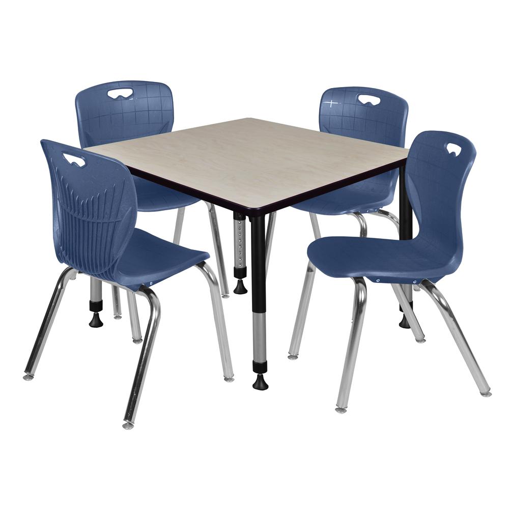 Kee 36" Square Height Adjustable Classroom Table - Maple & 4 Andy 18-in Stack Chairs- Navy Blue. Picture 1