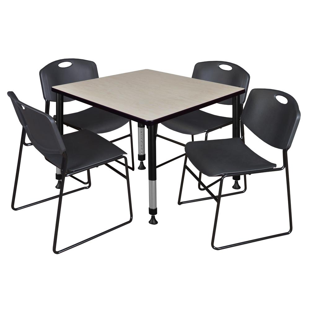Kee 36" Square Height Adjustable Classroom Table - Maple & 4 Zeng Stack Chairs- Black. Picture 1