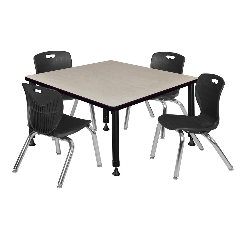 Kee 36" Square Height Adjustable Classroom Table - Maple & 4 Andy 12-in Stack Chairs- Black. Picture 1