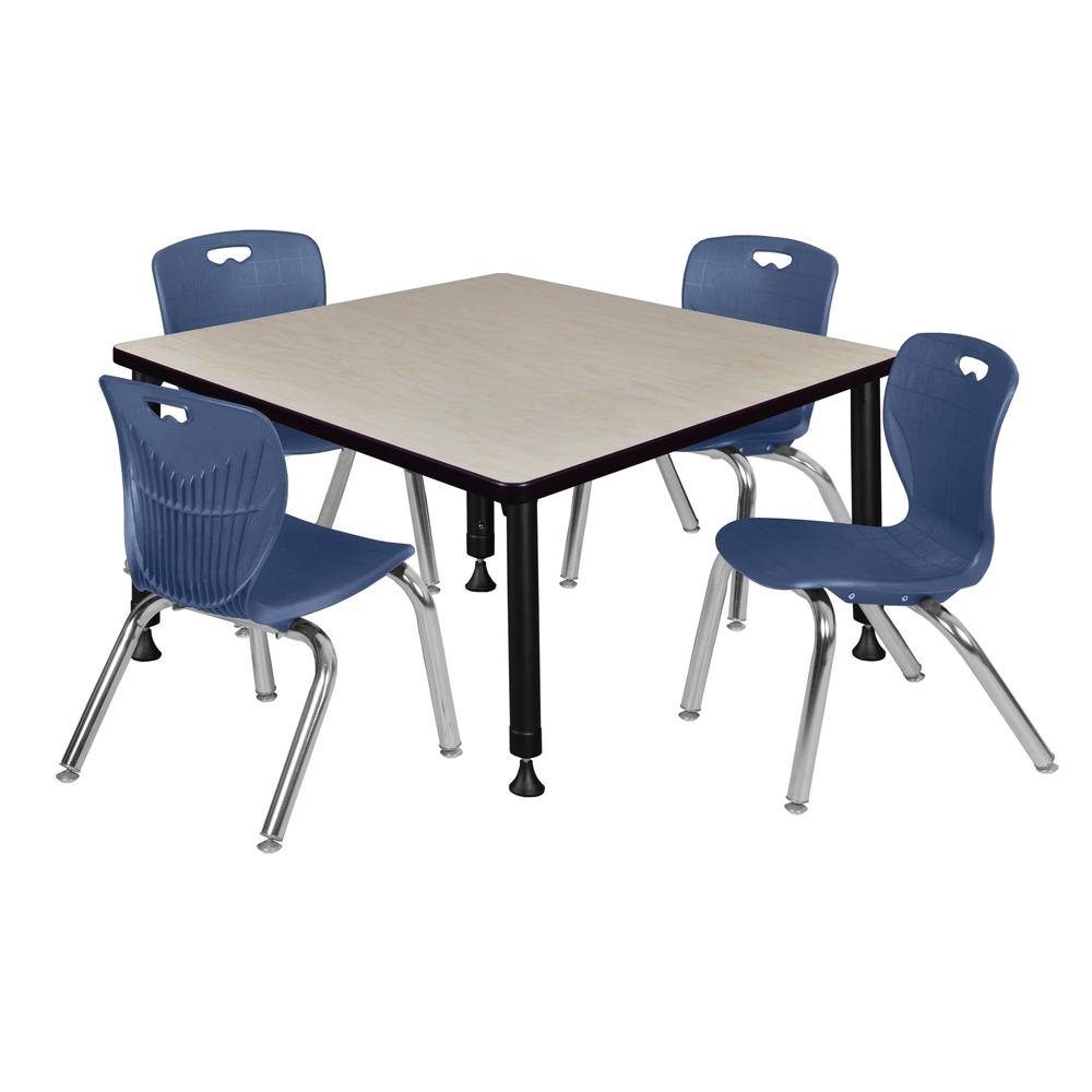 Kee 36" Square Height Adjustable Classroom Table - Maple & 4 Andy 12-in Stack Chairs- Navy Blue. Picture 1