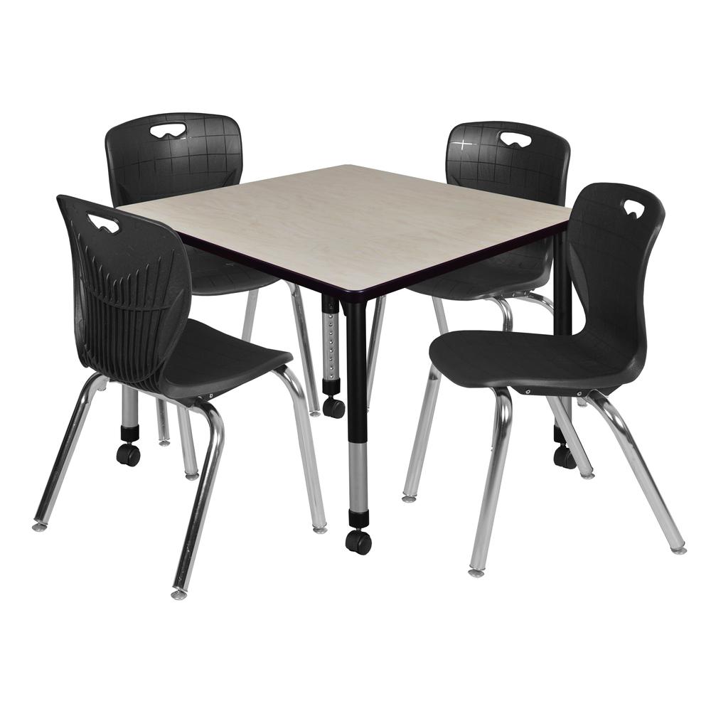Kee 36" Square Height Adjustable Mobile Classroom Table - Maple & 4 4 Andy 18-in Stack Chairs- Black. Picture 1