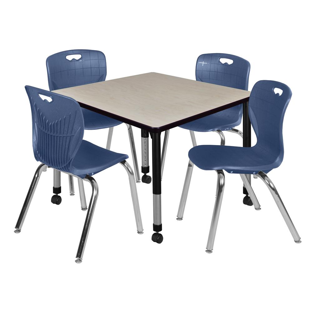Kee 36" Square Height Adjustable Mobile Classroom Table - Maple & 4 4 Andy 18-in Stack Chairs- Navy Blue. Picture 1