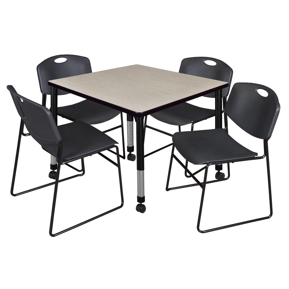 Kee 36" Square Height Adjustable Mobile Classroom Table - Maple & 4 Zeng Stack Chairs- Black. Picture 1