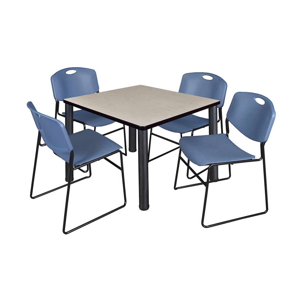 Kee 36" Square Breakroom Table- Maple/ Black & 4 Zeng Stack Chairs- Blue. Picture 1