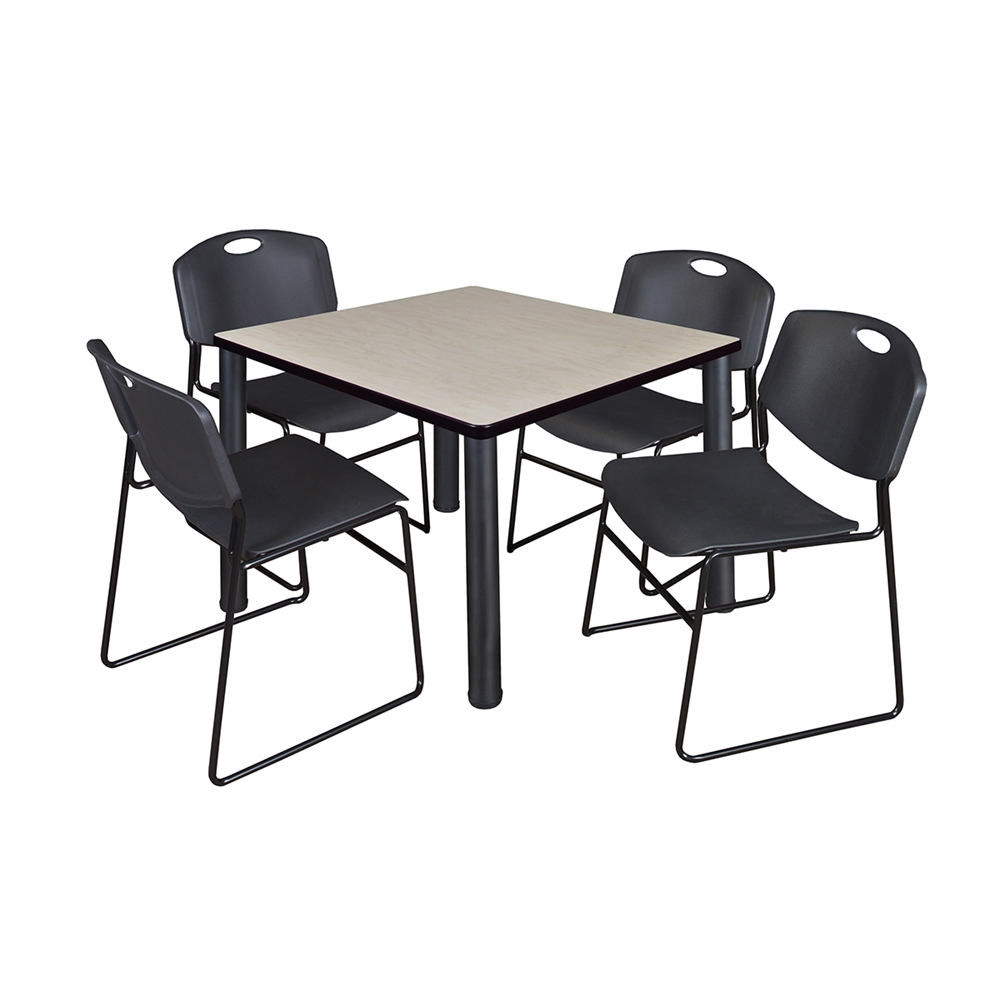Kee 36" Square Breakroom Table- Maple/ Black & 4 Zeng Stack Chairs- Black. Picture 1