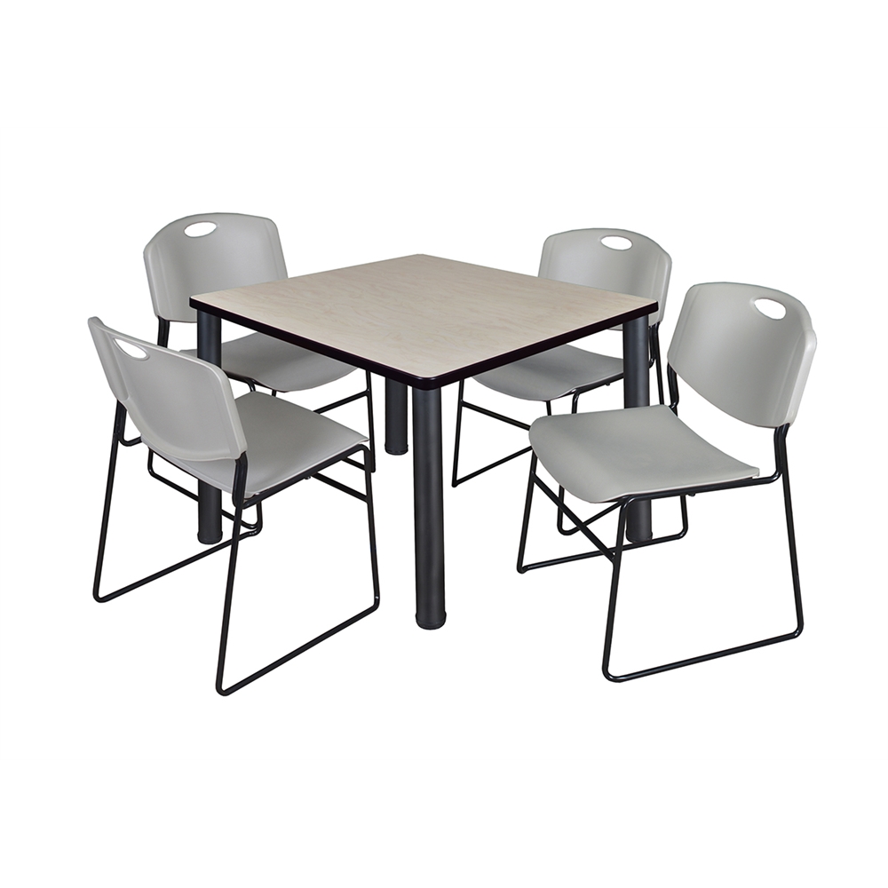 Kee 36" Square Breakroom Table- Maple/ Black & 4 Zeng Stack Chairs- Grey. Picture 1
