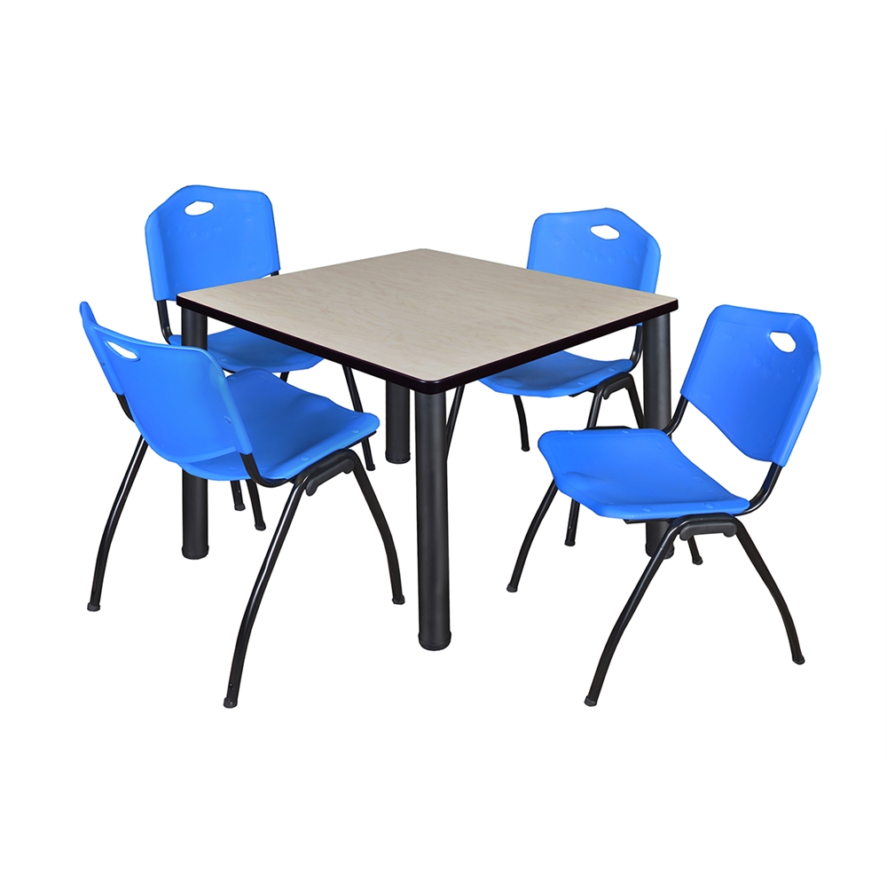 Kee 36" Square Breakroom Table- Maple/ Black & 4 'M' Stack Chairs- Blue. Picture 1