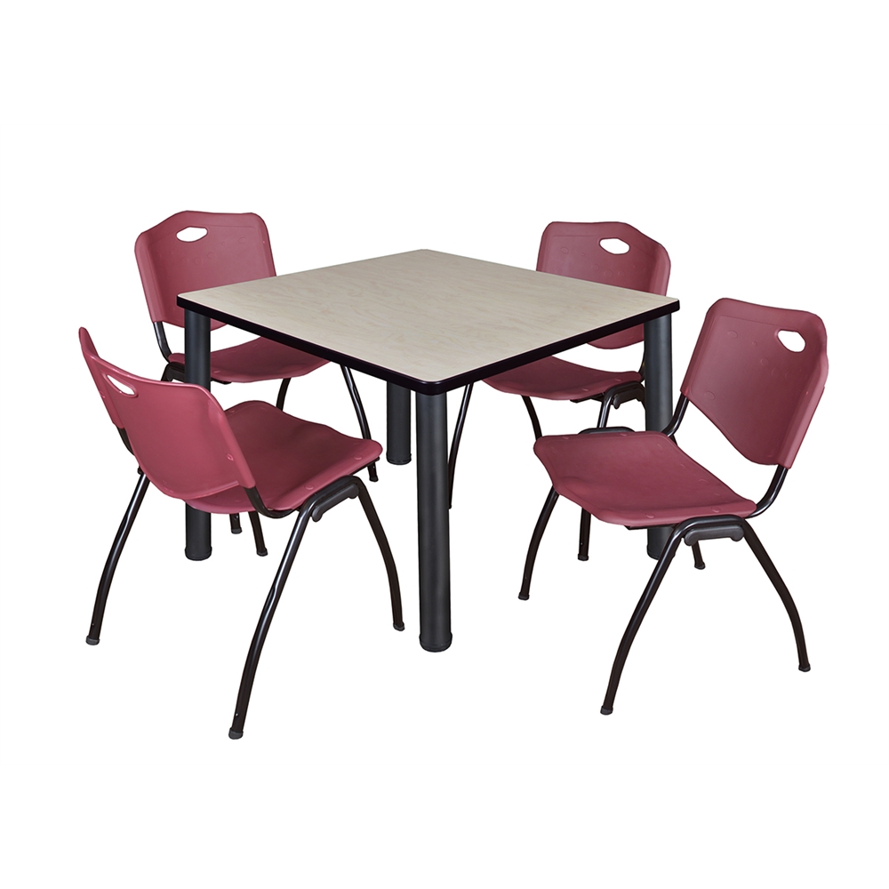 Kee 36" Square Breakroom Table- Maple/ Black & 4 'M' Stack Chairs- Burgundy. Picture 1