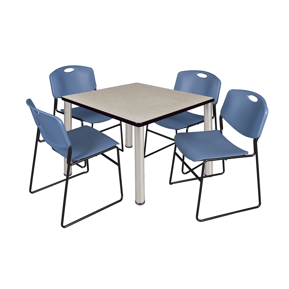 Kee 36" Square Breakroom Table- Maple/ Chrome & 4 Zeng Stack Chairs- Blue. Picture 1