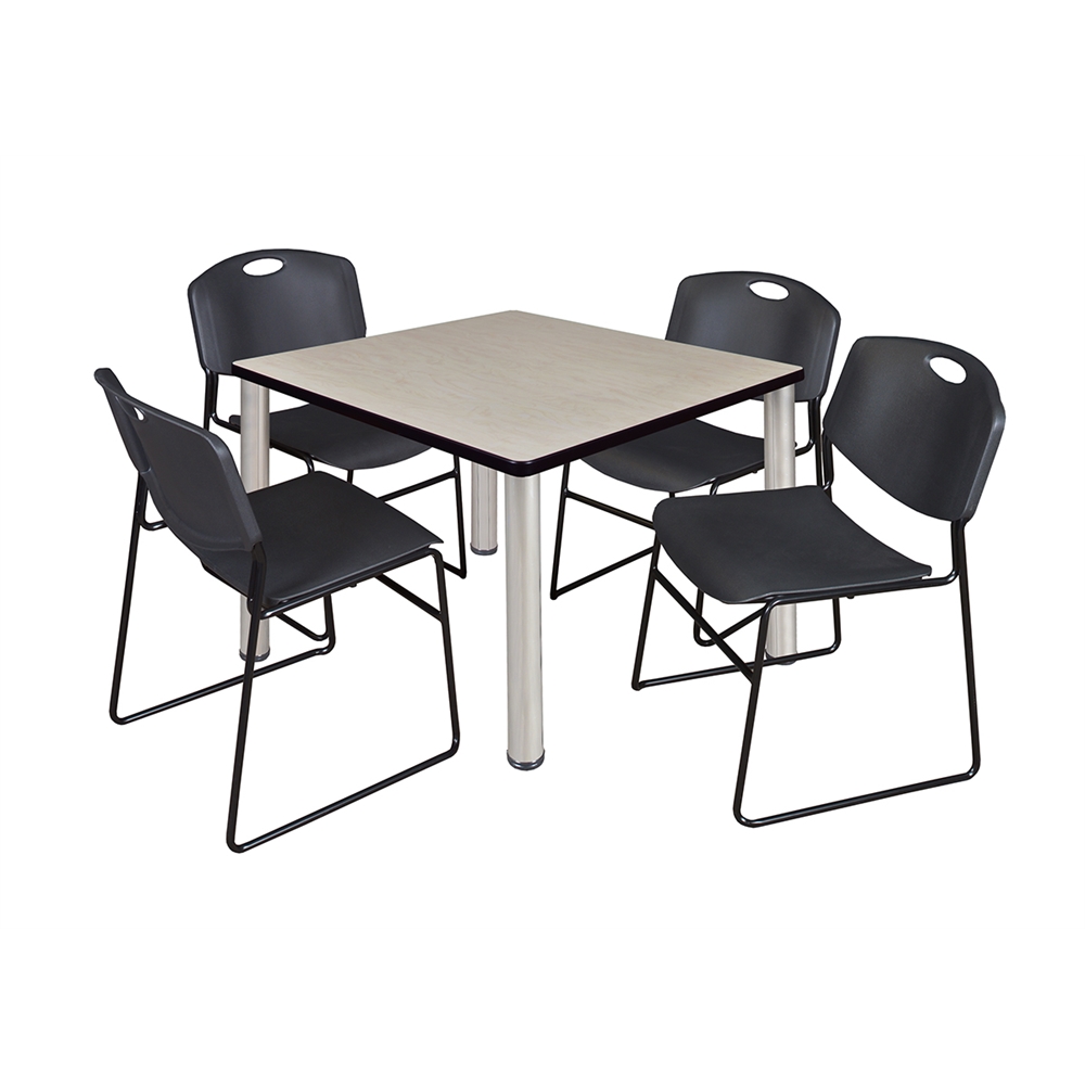 Kee 36" Square Breakroom Table- Maple/ Chrome & 4 Zeng Stack Chairs- Black. Picture 1