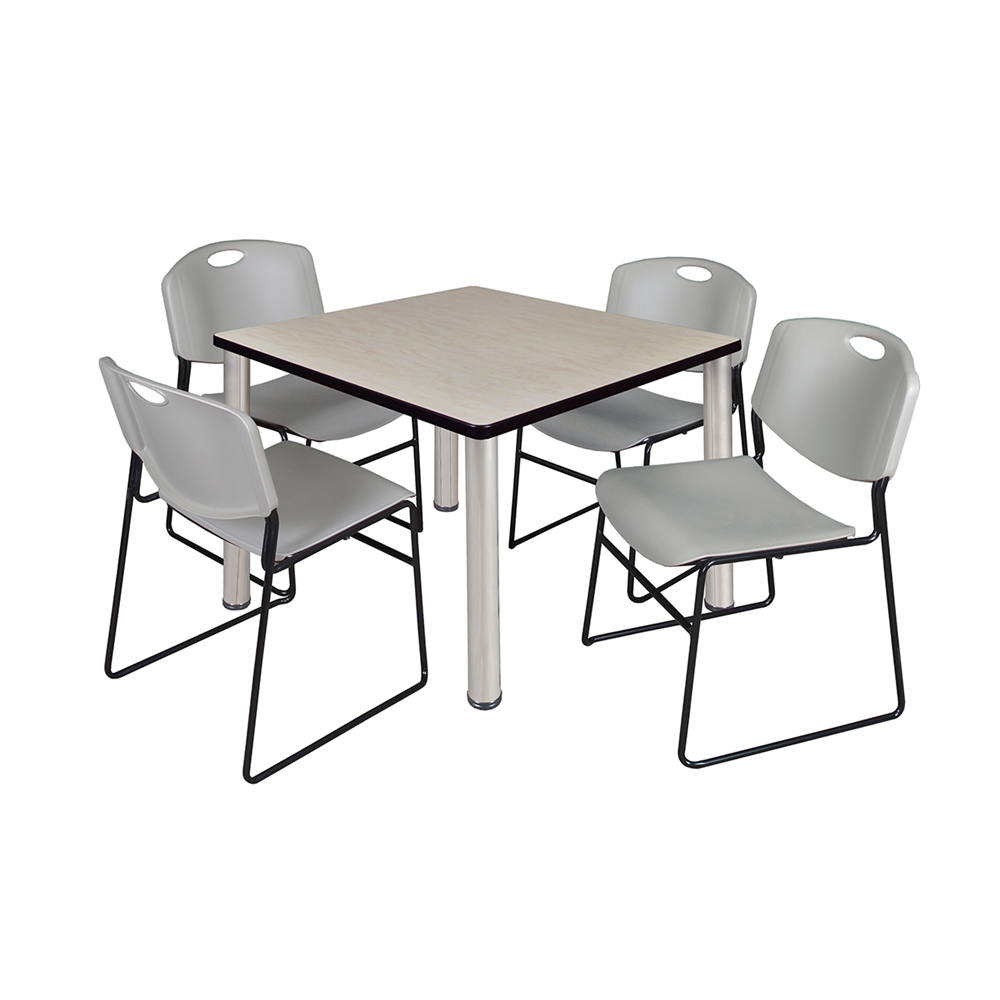 Kee 36" Square Breakroom Table- Maple/ Chrome & 4 Zeng Stack Chairs- Grey. Picture 1
