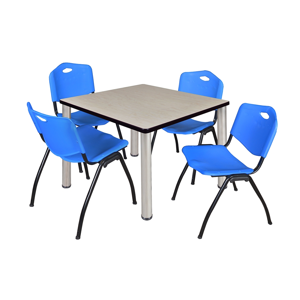 Kee 36" Square Breakroom Table- Maple/ Chrome & 4 'M' Stack Chairs- Blue. Picture 1