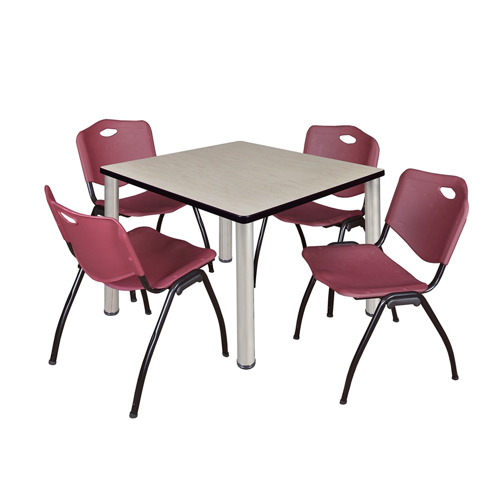 Kee 36" Square Breakroom Table- Maple/ Chrome & 4 'M' Stack Chairs- Burgundy. Picture 1
