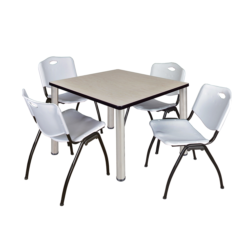Kee 36" Square Breakroom Table- Maple/ Chrome & 4 'M' Stack Chairs- Grey. Picture 1