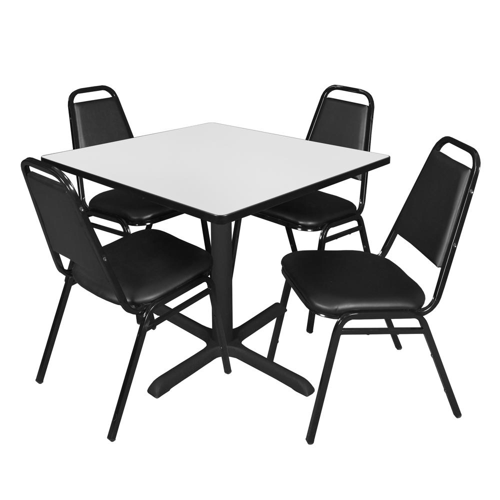 Regency Cain 36 in. Square Breakroom Table- White & 4 Restaurant Stack Chairs- Black. Picture 1