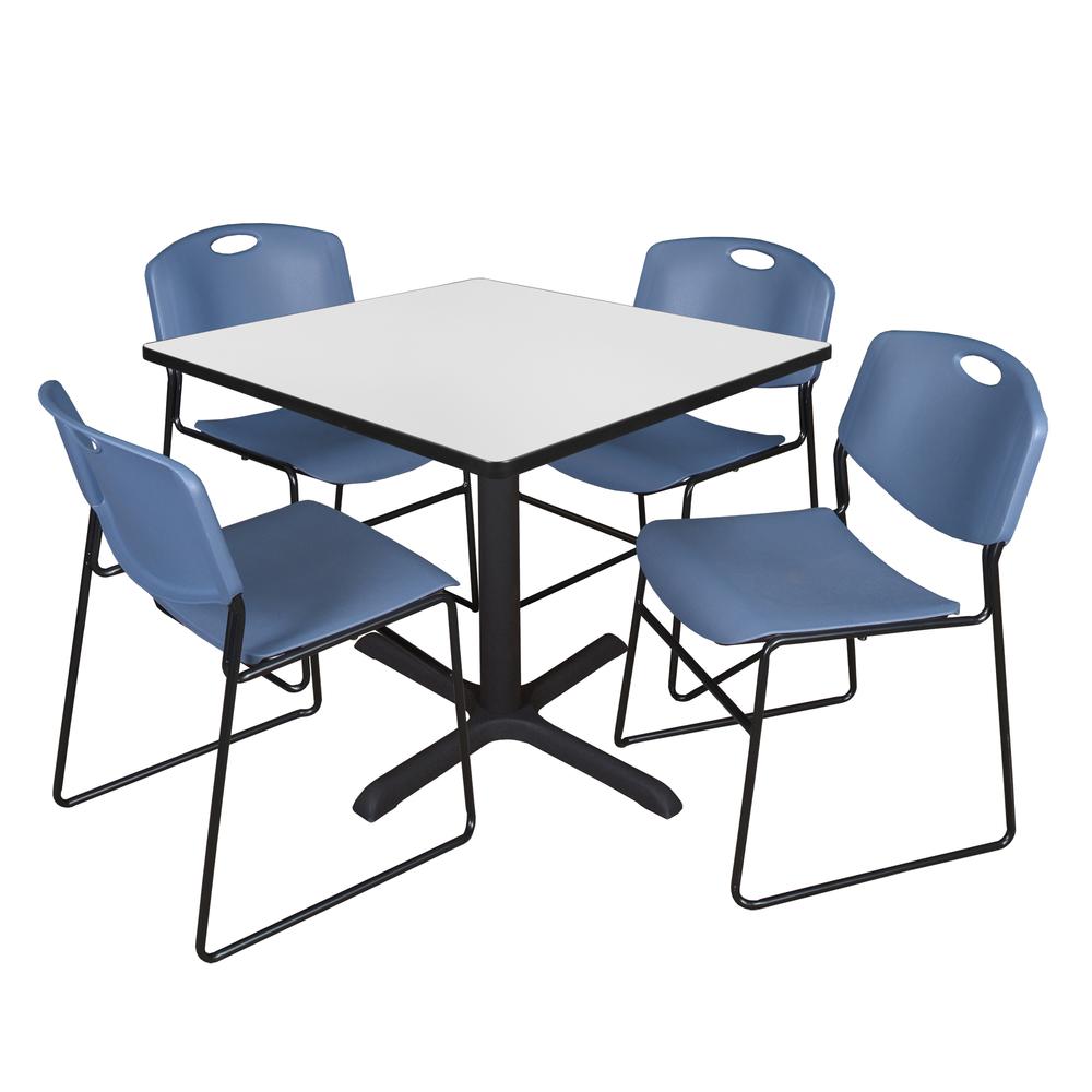 Regency Cain 36 in. Square Breakroom Table- White & 4 Zeng Stack Chairs- Blue. Picture 1