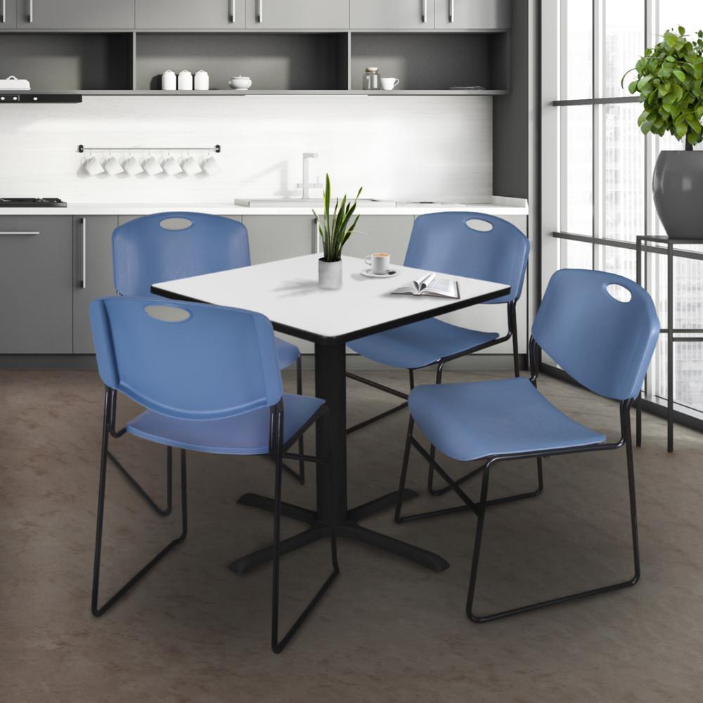 Regency Cain 36 in. Square Breakroom Table- White & 4 Zeng Stack Chairs- Blue. Picture 8