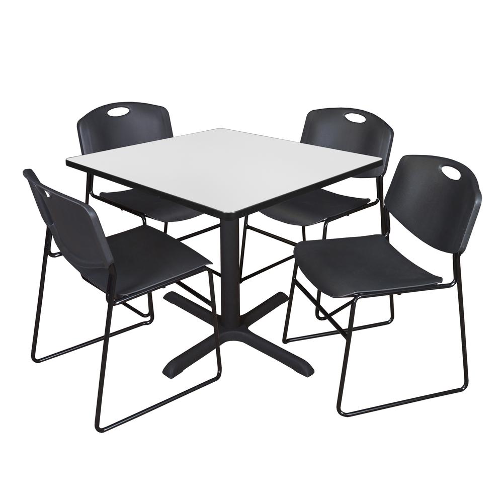 Regency Cain 36 in. Square Breakroom Table- White & 4 Zeng Stack Chairs- Black. Picture 1
