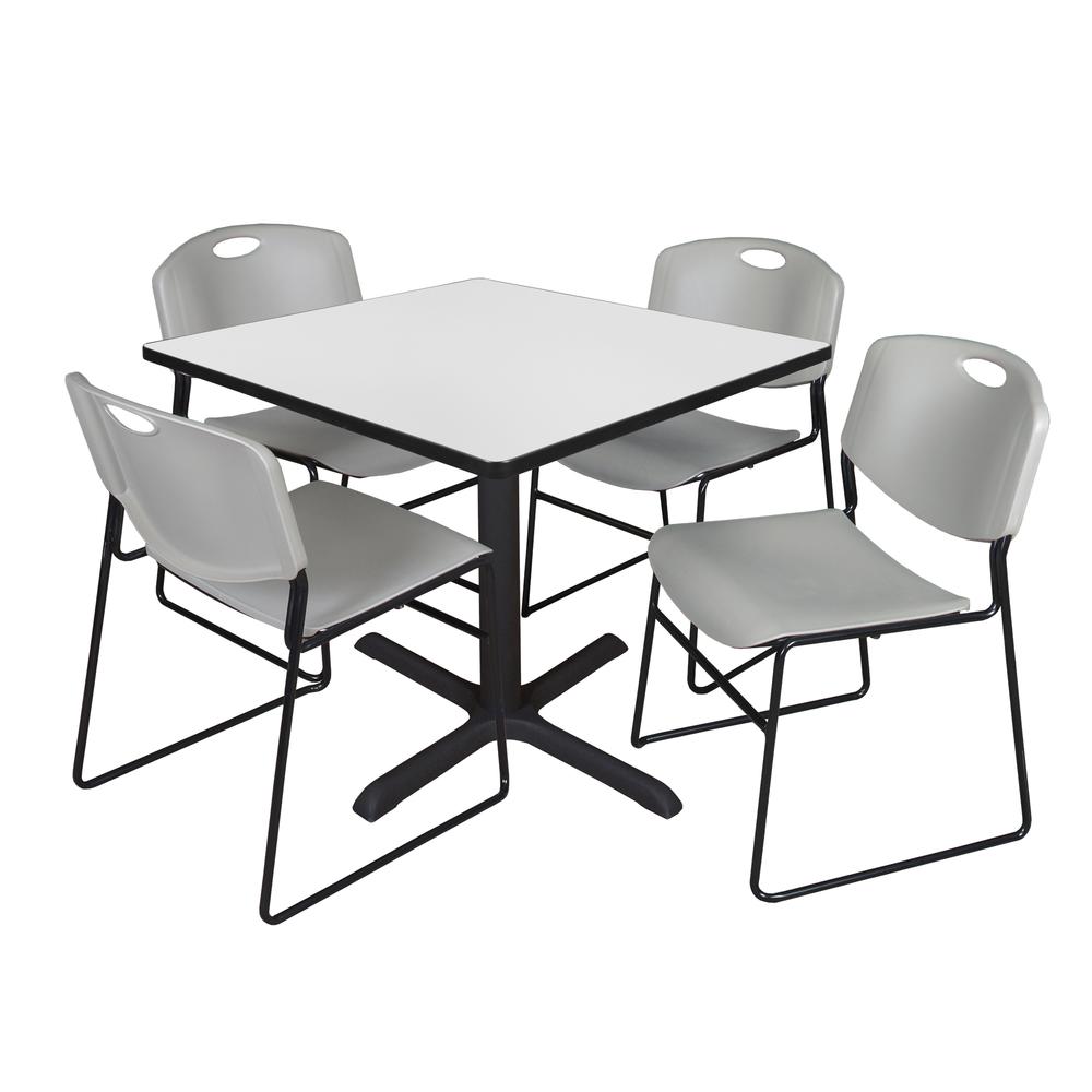 Regency Cain 36 in. Square Breakroom Table- White & 4 Zeng Stack Chairs- Grey. Picture 1
