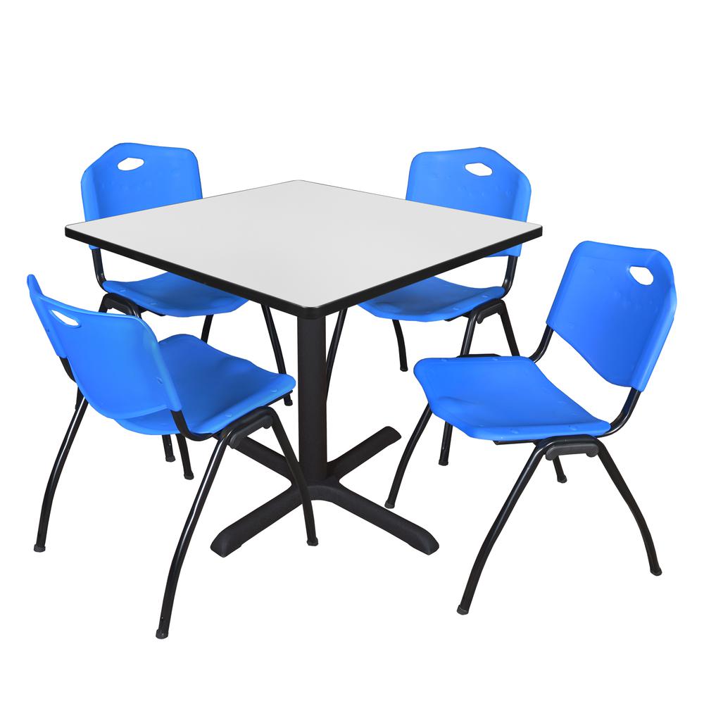 Regency Cain 36 in. Square Breakroom Table- White & 4 M Stack Chairs- Blue. Picture 1