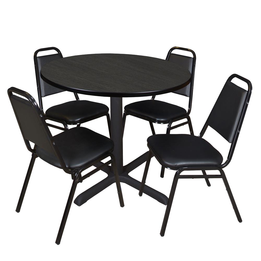 Regency Cain 36 in. Round Breakroom Table- Ash Grey & 4 Restaurant Stack Chairs- Black. Picture 1