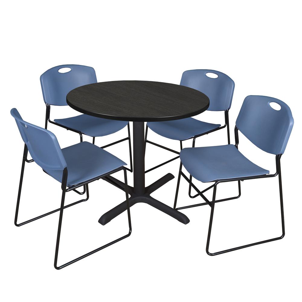 Regency Cain 36 in. Round Breakroom Table- Ash Grey & 4 Zeng Stack Chairs- Blue. Picture 1