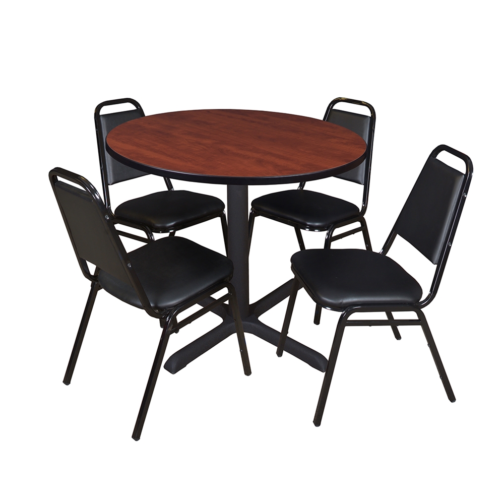 Cain 36" Round Breakroom Table- Cherry & 4 Restaurant Stack Chairs- Black. Picture 1