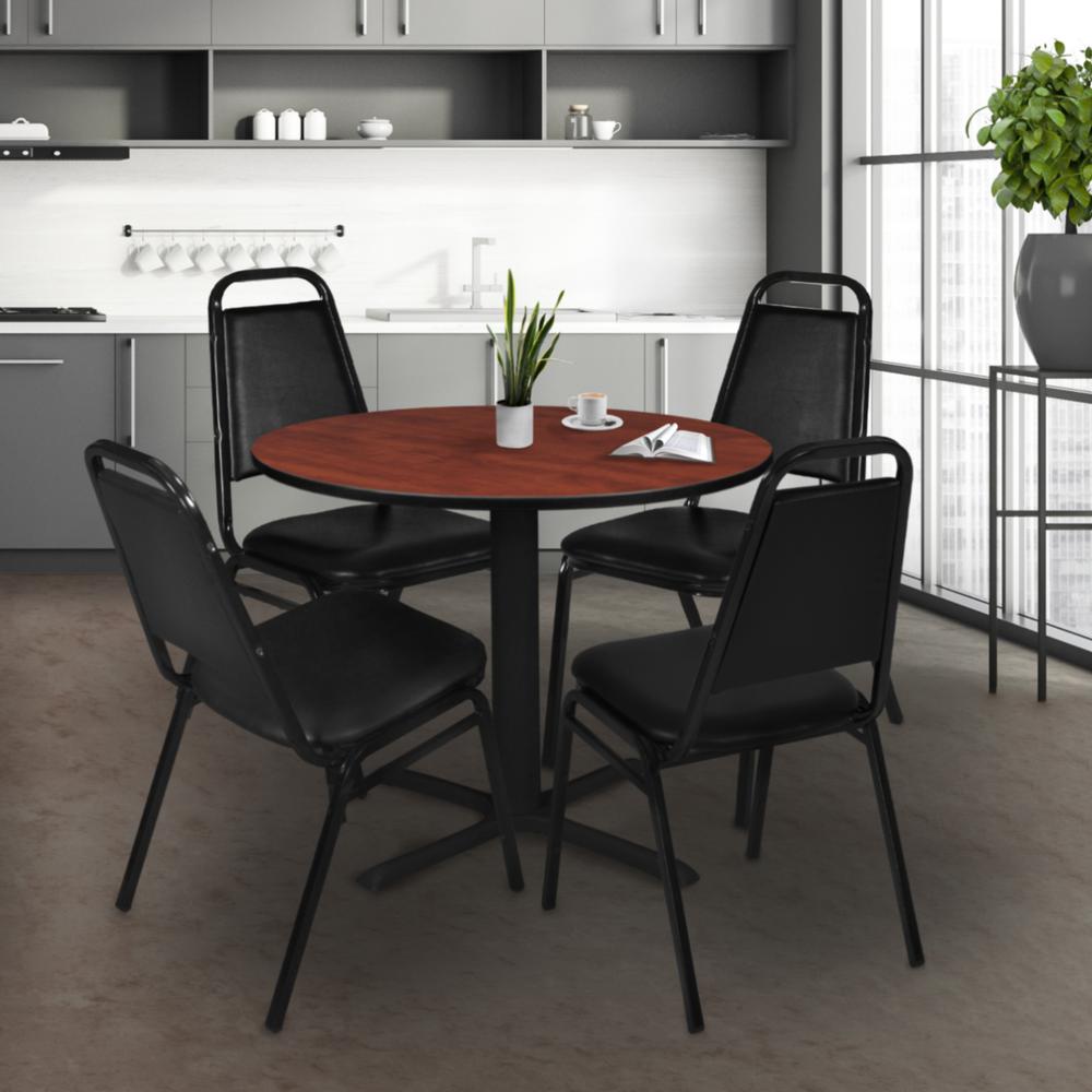 Cain 36" Round Breakroom Table- Cherry & 4 Restaurant Stack Chairs- Black. Picture 2