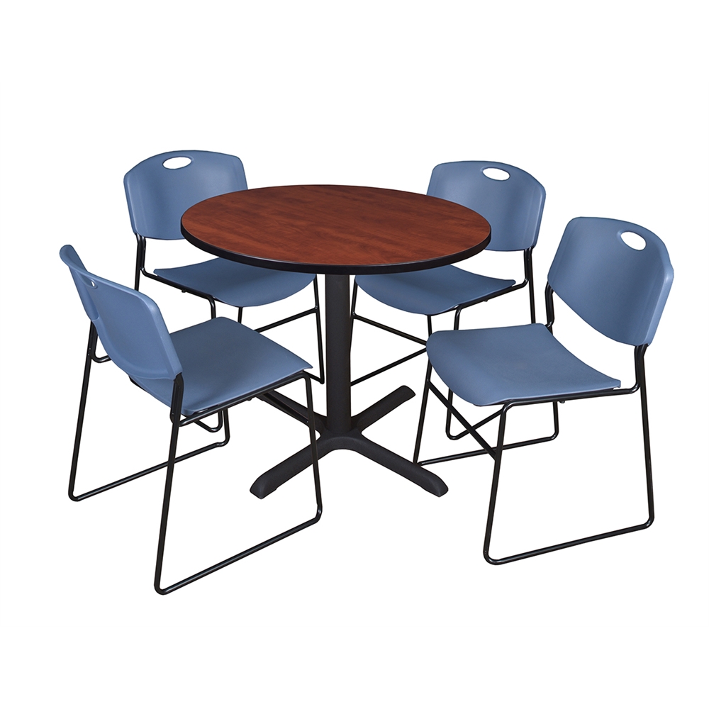 Cain 36" Round Breakroom Table- Cherry & 4 Zeng Stack Chairs- Blue. Picture 1