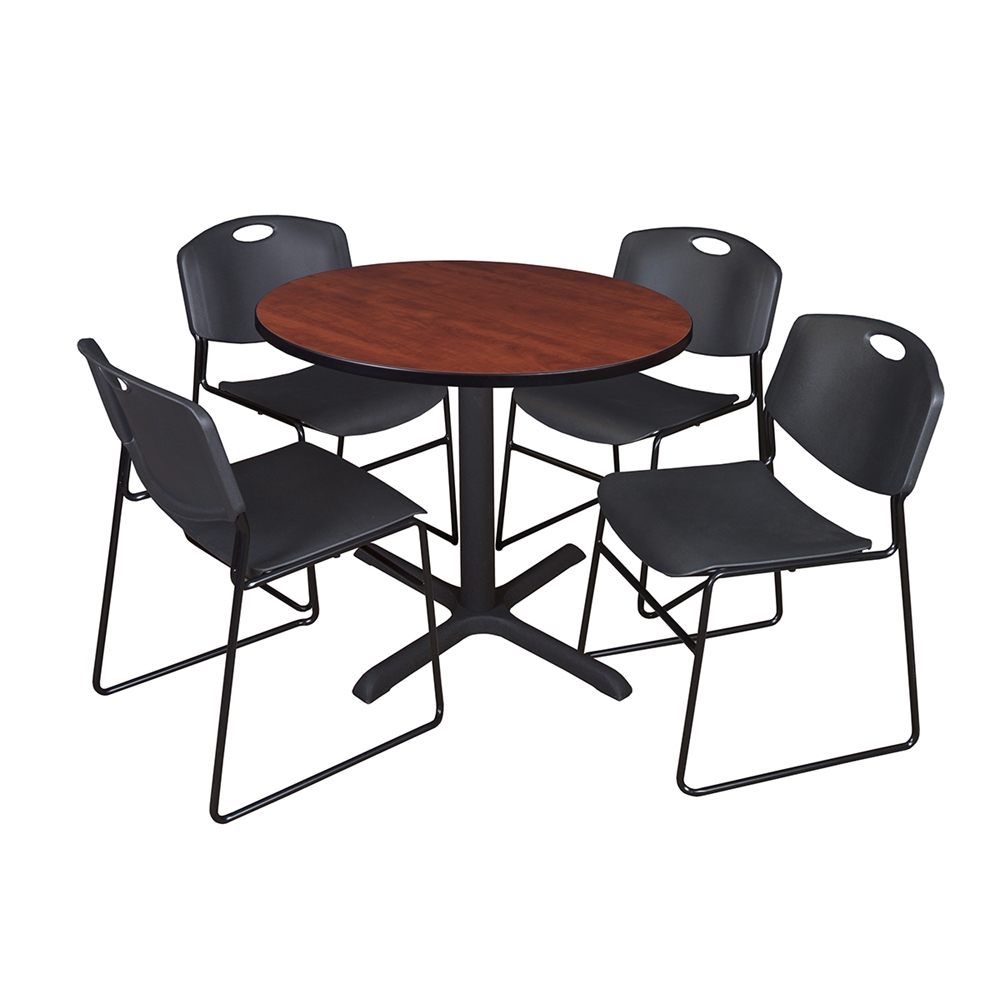 Cain 36" Round Breakroom Table- Cherry & 4 Zeng Stack Chairs- Black. Picture 1