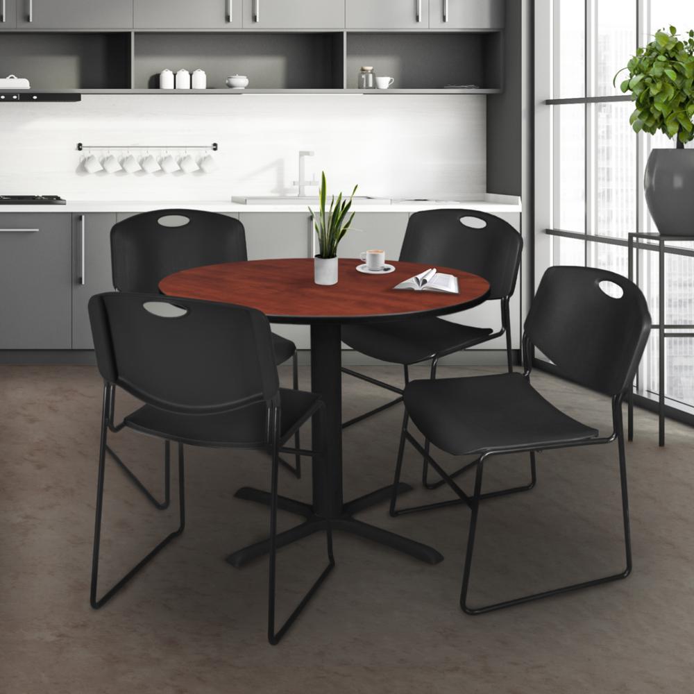 Cain 36" Round Breakroom Table- Cherry & 4 Zeng Stack Chairs- Black. Picture 2
