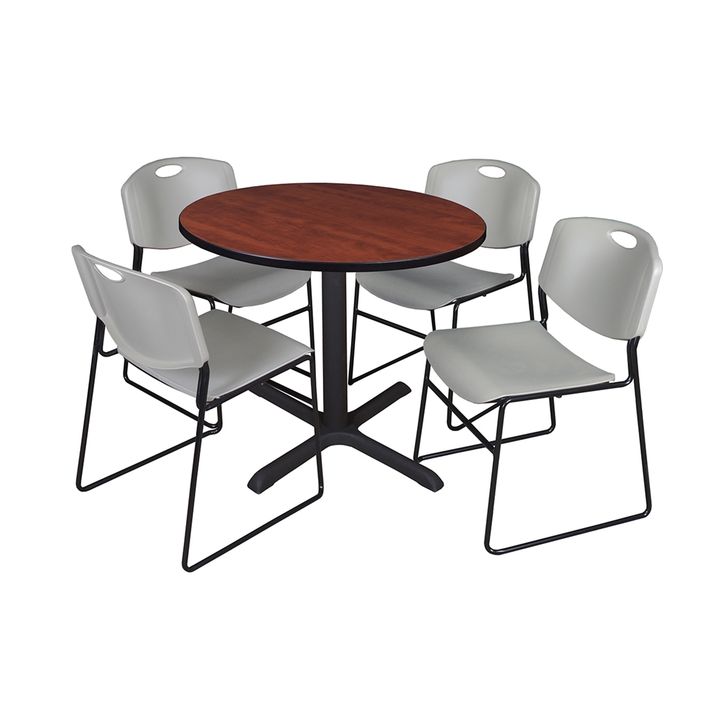 Cain 36" Round Breakroom Table- Cherry & 4 Zeng Stack Chairs- Grey. Picture 1