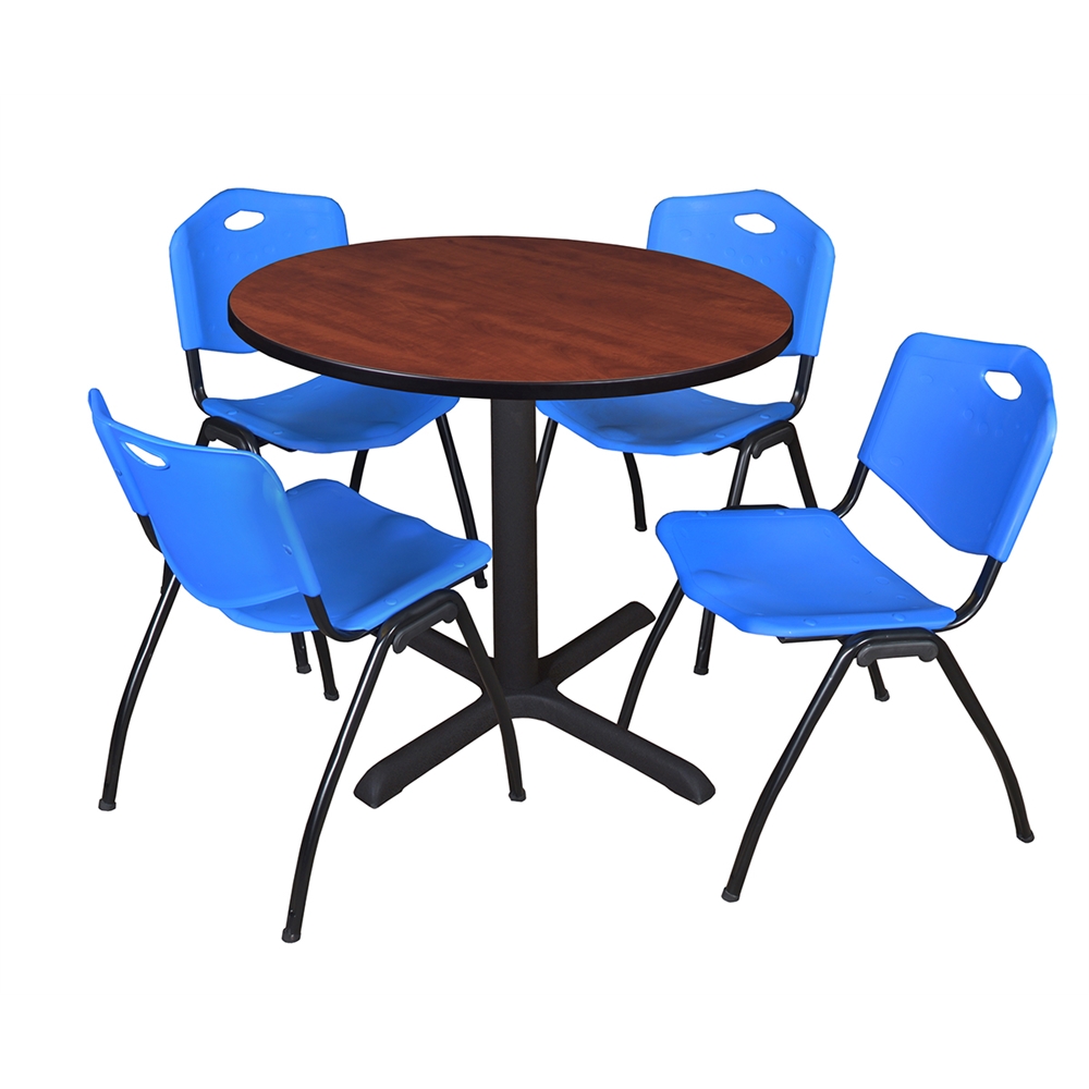 Cain 36" Round Breakroom Table- Cherry & 4 'M' Stack Chairs- Blue. Picture 1