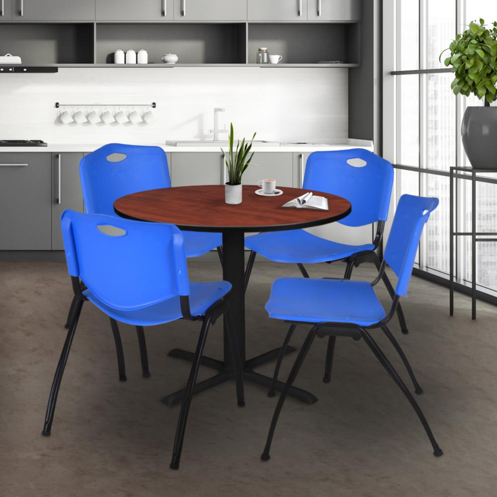Cain 36" Round Breakroom Table- Cherry & 4 'M' Stack Chairs- Blue. Picture 2