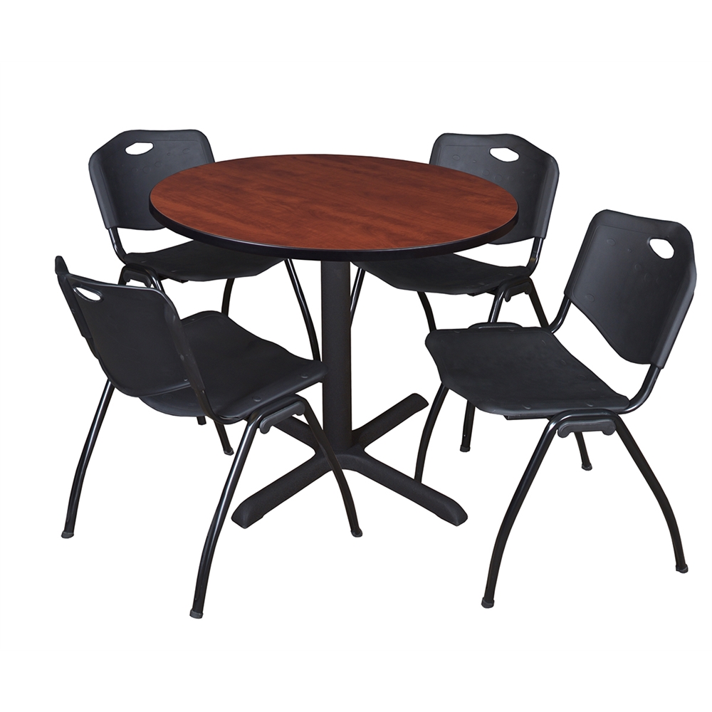 Cain 36" Round Breakroom Table- Cherry & 4 'M' Stack Chairs- Black. Picture 1
