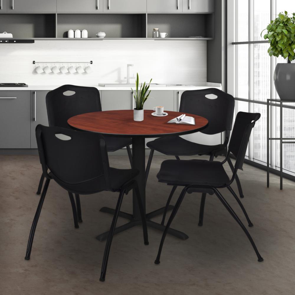 Cain 36" Round Breakroom Table- Cherry & 4 'M' Stack Chairs- Black. Picture 2