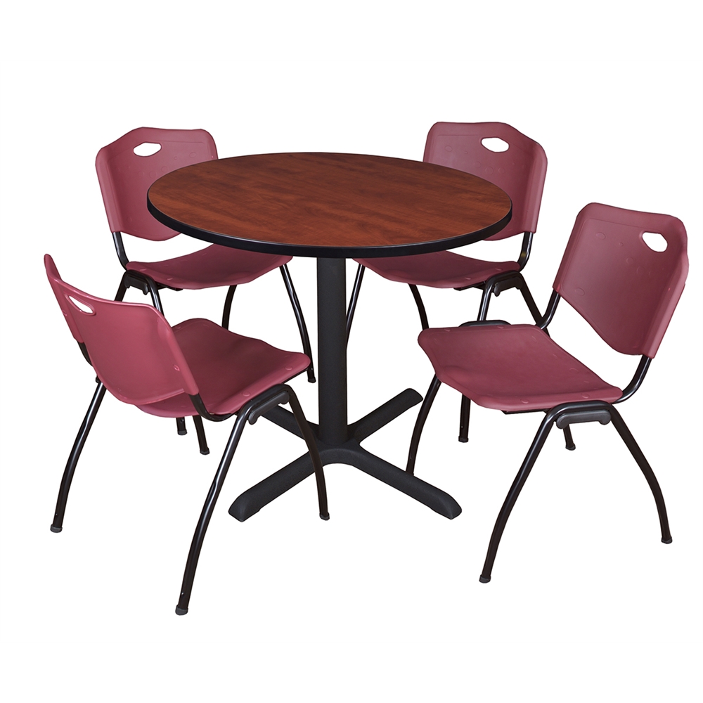 Cain 36" Round Breakroom Table- Cherry & 4 'M' Stack Chairs- Burgundy. Picture 1