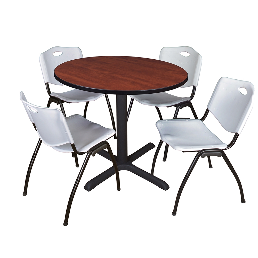 Cain 36" Round Breakroom Table- Cherry & 4 'M' Stack Chairs- Grey. Picture 1