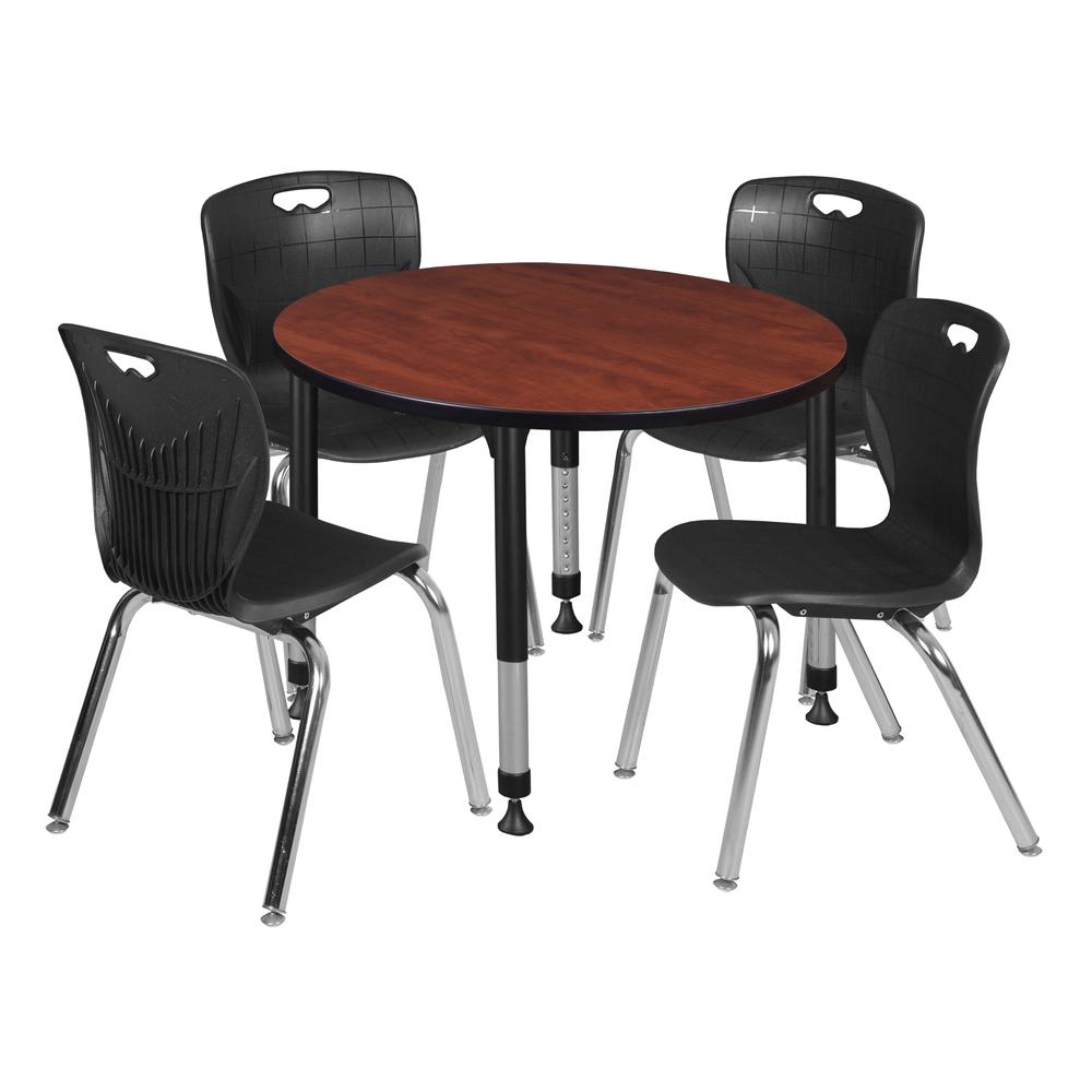 Kee 36" Round Height Adjustable Classroom Table - Cherry & 4 Andy 18-in Stack Chairs- Black. Picture 1