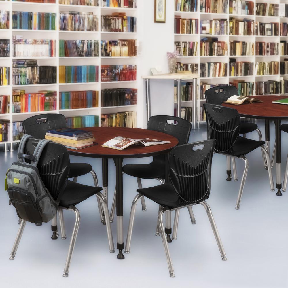 Kee 36" Round Height Adjustable Classroom Table - Cherry & 4 Andy 18-in Stack Chairs- Black. Picture 6