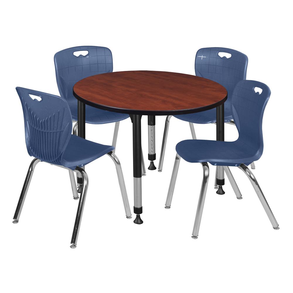 Kee 36" Round Height Adjustable Classroom Table - Cherry & 4 Andy 18-in Stack Chairs- Navy Blue. Picture 1