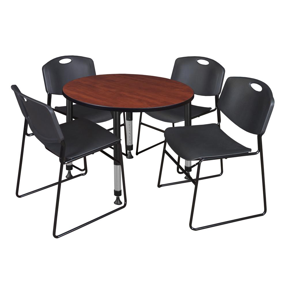 Kee 36" Round Height Adjustable Classroom Table - Cherry & 4 Zeng Stack Chairs- Black. Picture 1