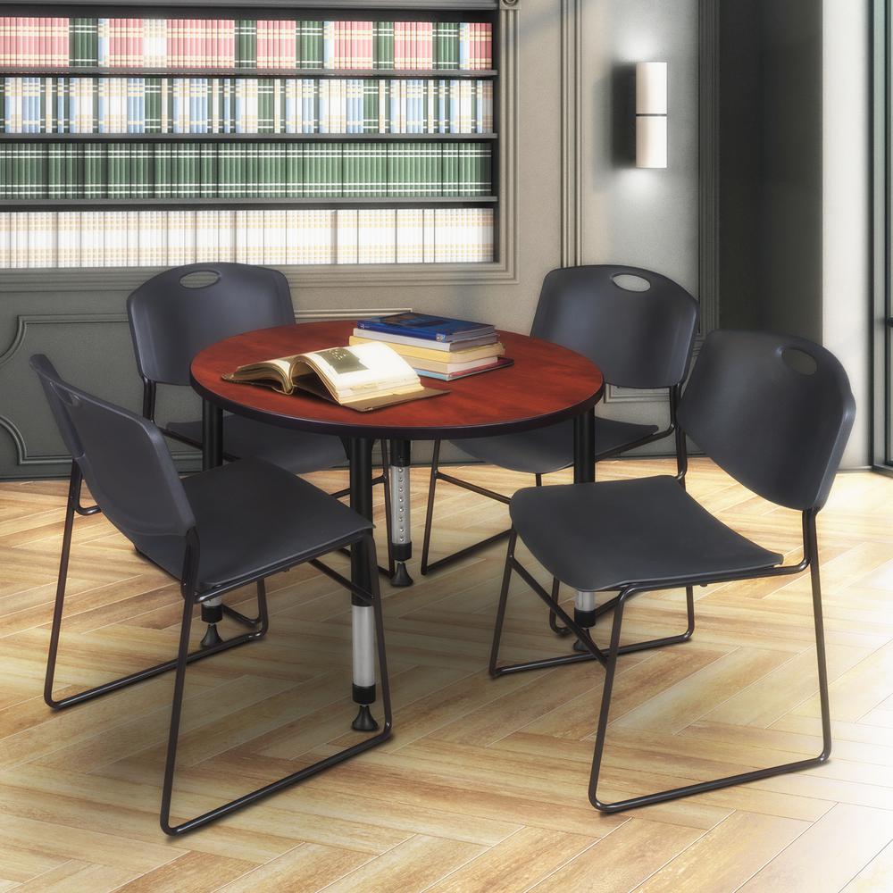 Kee 36" Round Height Adjustable Classroom Table - Cherry & 4 Zeng Stack Chairs- Black. Picture 6