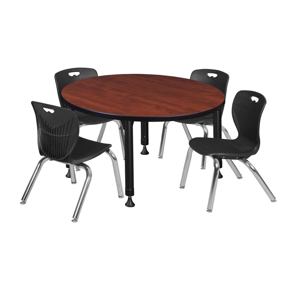 Kee 36" Round Height Adjustable Classroom Table - Cherry & 4 Andy 12-in Stack Chairs- Black. Picture 1