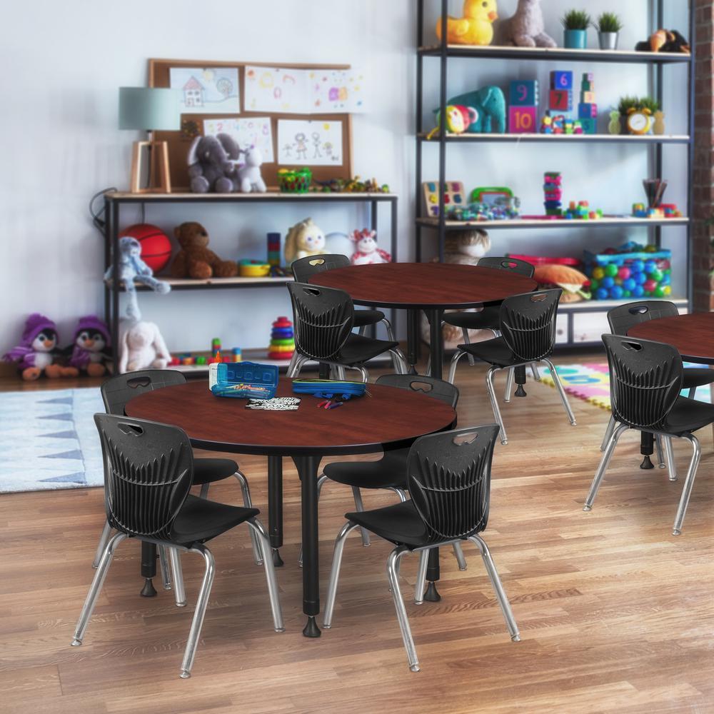 Kee 36" Round Height Adjustable Classroom Table - Cherry & 4 Andy 12-in Stack Chairs- Black. Picture 6