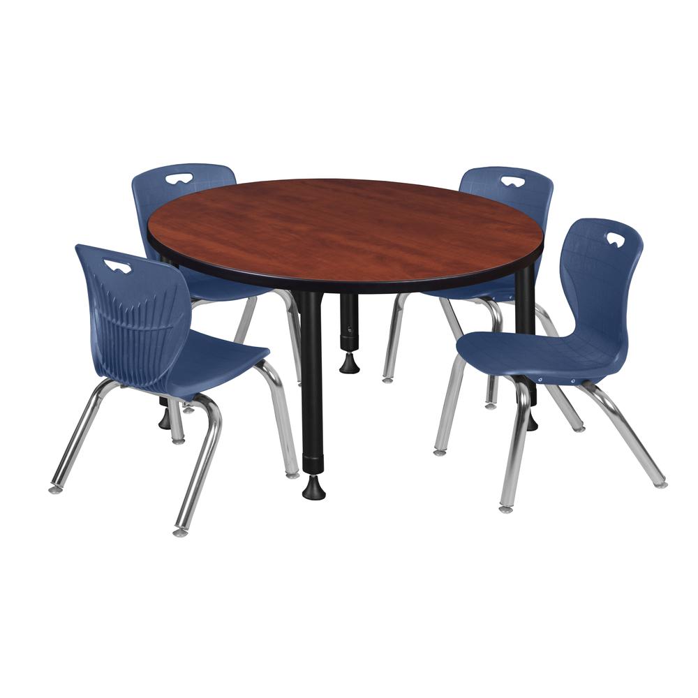 Kee 36" Round Height Adjustable Classroom Table - Cherry & 4 Andy 12-in Stack Chairs- Navy Blue. Picture 1