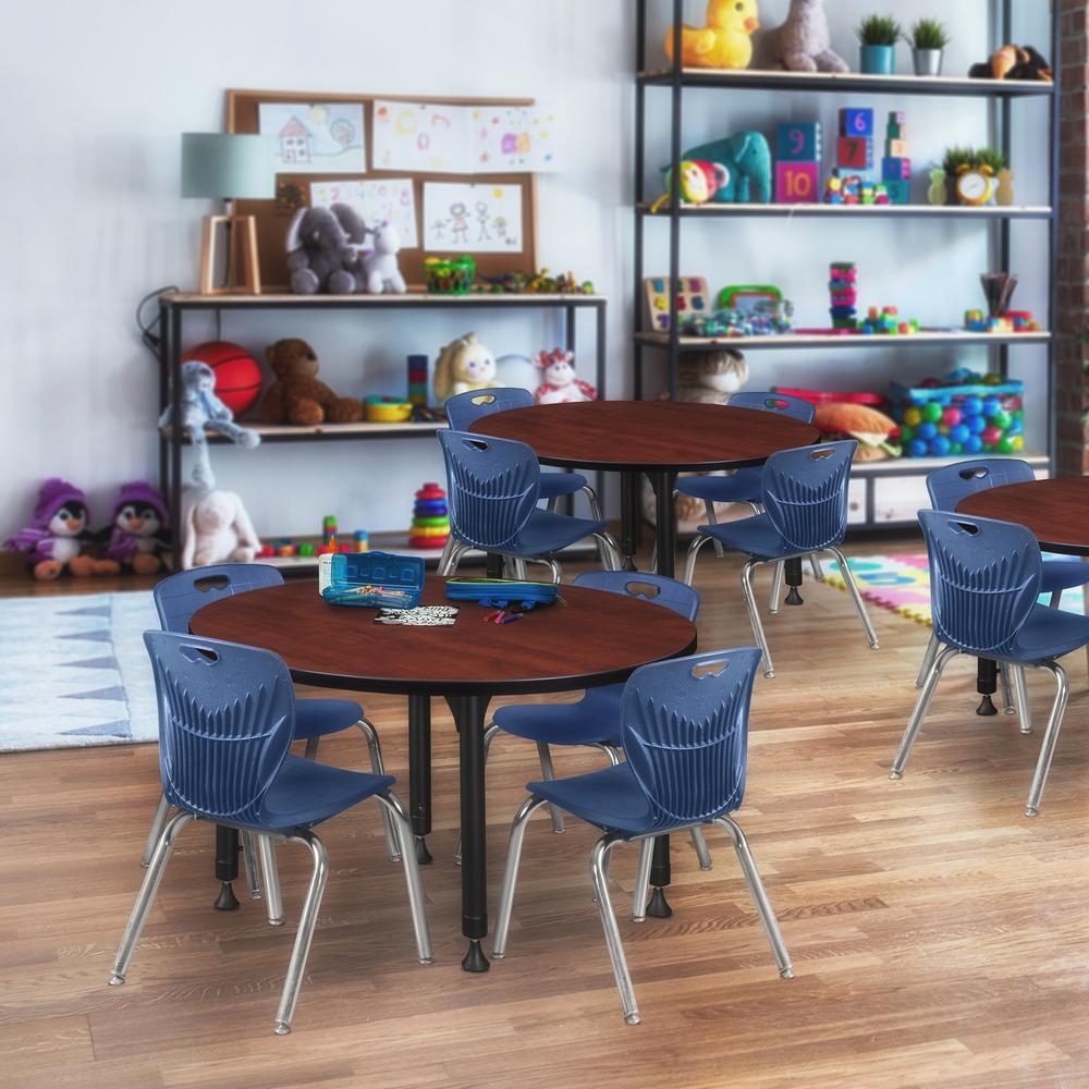 Kee 36" Round Height Adjustable Classroom Table - Cherry & 4 Andy 12-in Stack Chairs- Navy Blue. Picture 6